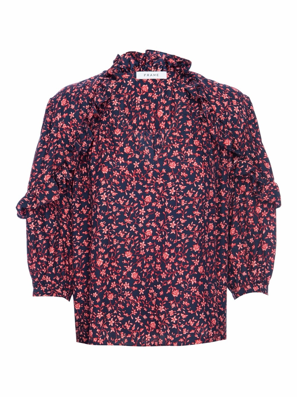 Frame Cali Floral Ruffle Trim Silk Top In Navy Multi Size XS